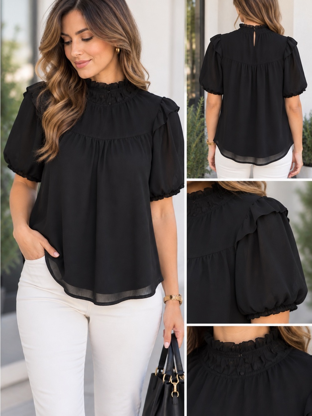 LOFT Black Smocked Ruffle Neck Puff Sleeve Blouse